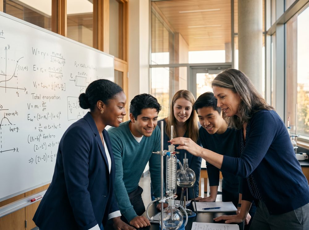 A teacher guiding four students through a hands-on chemistry investigation