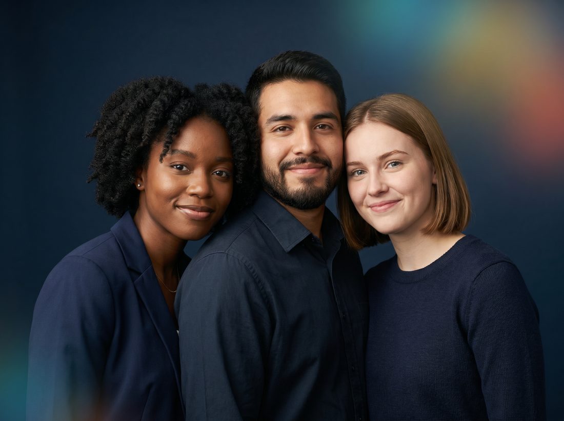 Three young adult graduates standing together, looking confidently ahead