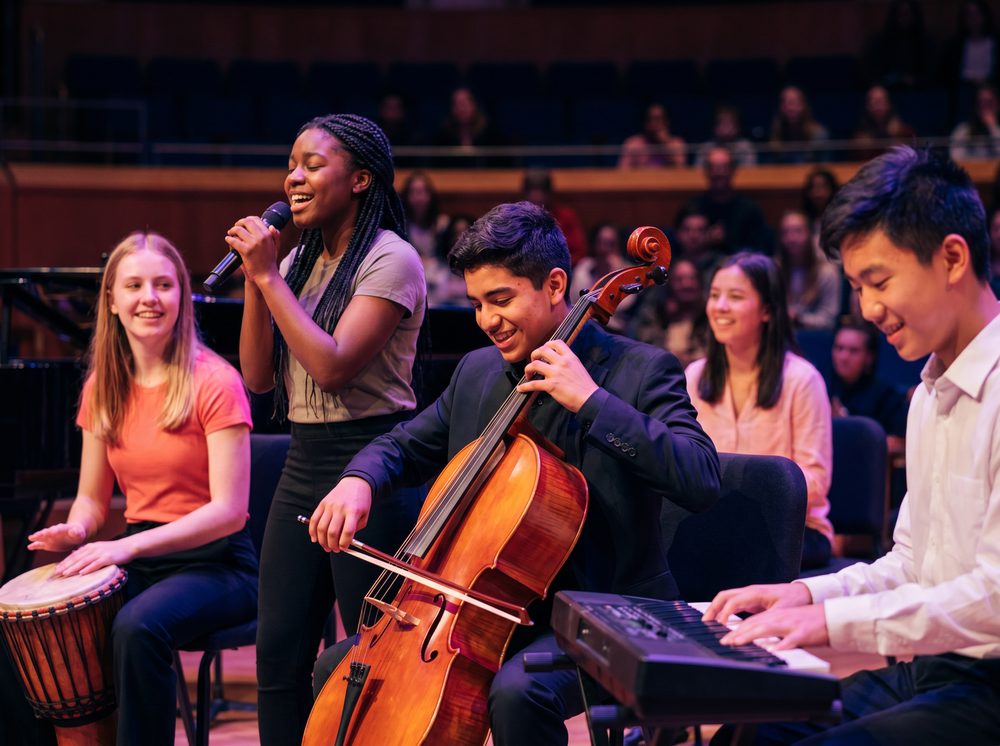 Student musicians performing together on stage under warm lights