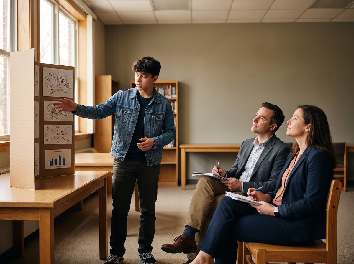 A grades 9–12 student presenting a capstone project to program mentors