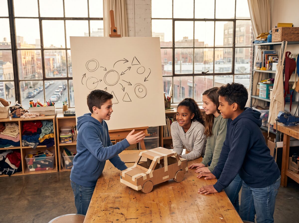 Grades 6–8 students presenting a team project prototype